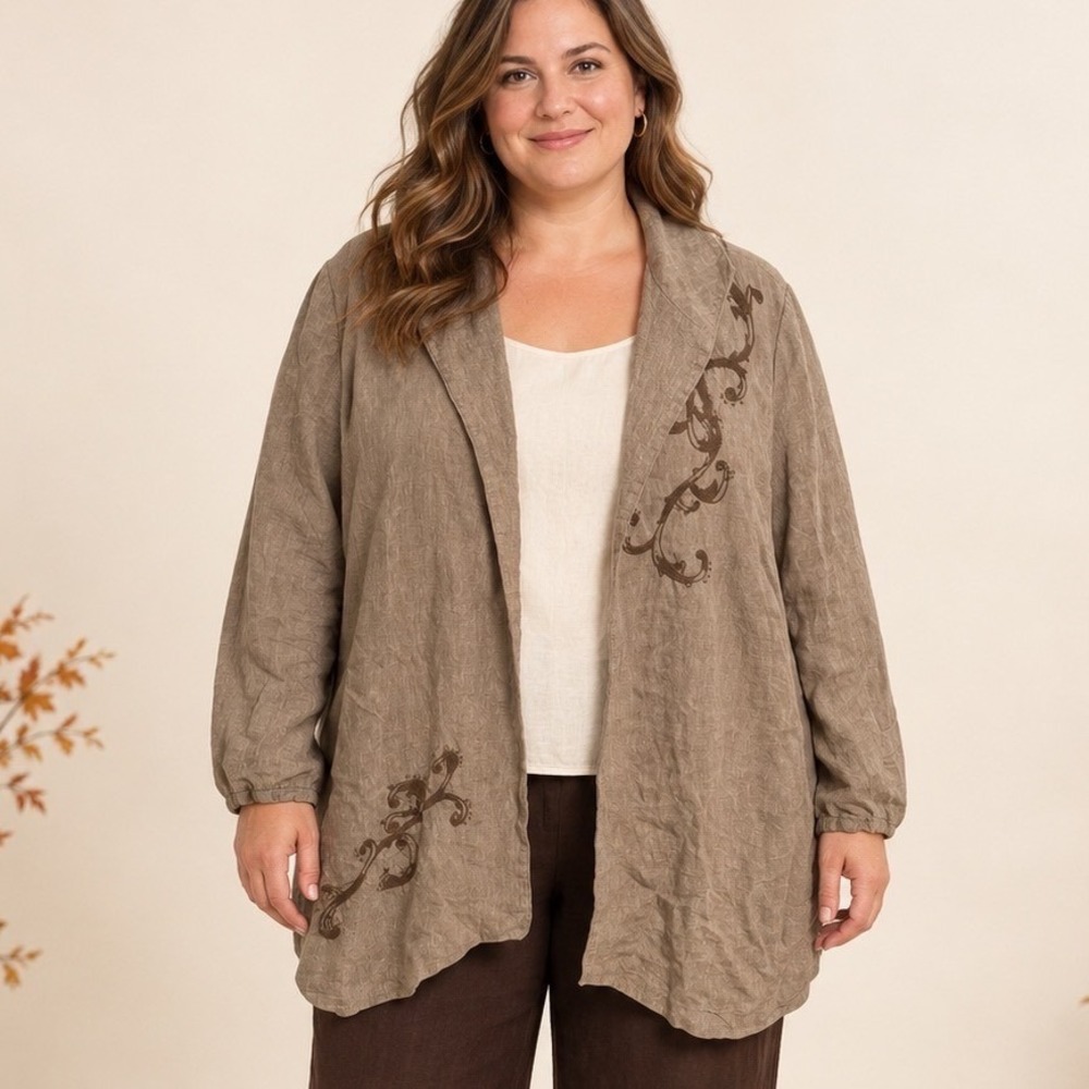 Coldwater Creek Linen Jacket Tan Embroidered Lagenlook Coastal Grandma Boho 20